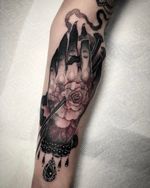 Dark art tattoo by Nate Silverii aka hungryhearttattoos #NateSilverii #hungryhearttattos #hand #rose #dagger #ornamental #smoke #illustrative #darkart
