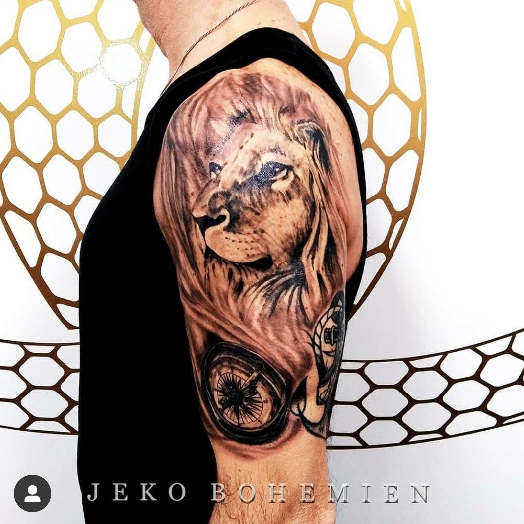 Tattoo Uploaded By Jeko Bohemien • Lion Tattoo #Liontattoo #Lion #Compass # Compasstattoo • Tattoodo