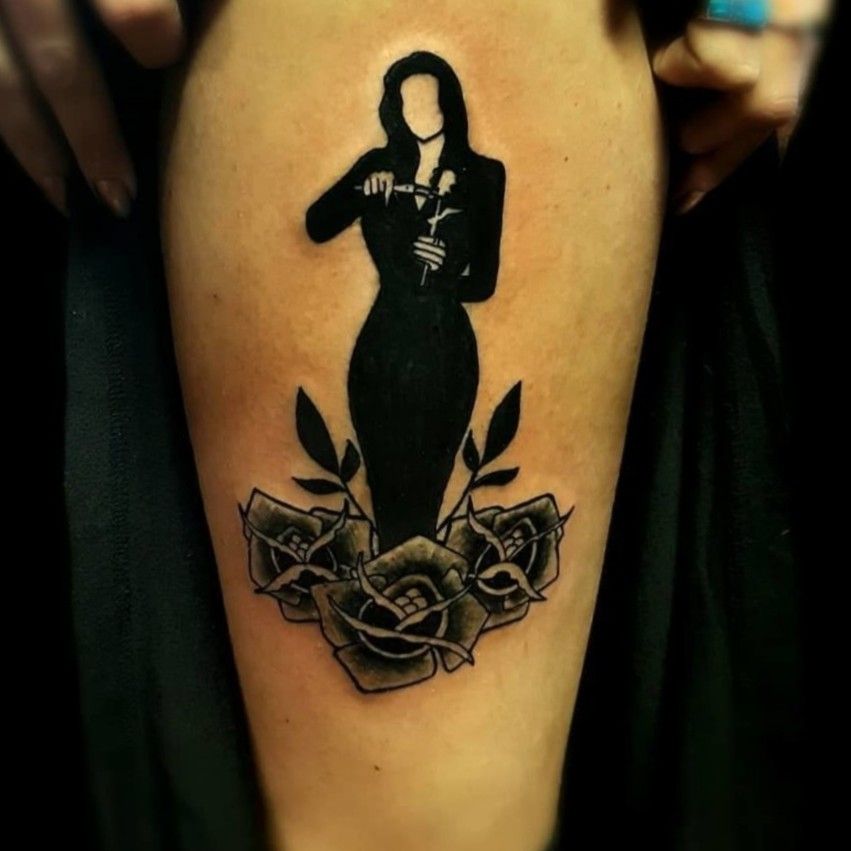 Dr Morse Tattoo Studio  jamiereneetattoo Gomez  Morticia Addams for my  fiancé Damian Thank you for trusting me with my first realism portrait   only crapped myself a little bit tattoo 