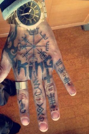 Tattoos I did on myself     #fingertattoo #fingertattoos #vikingtattoo #runes #vegavisir #letteringtattoo #tribal 