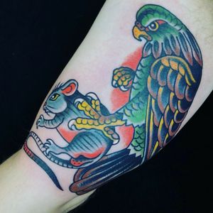 Hawk and prey by Carly Corpse @carlycorpse at Marlowe Ink Alexandria.#AmericanTraditional 