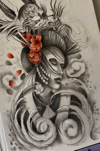 Geisha and Dragon Sketch 