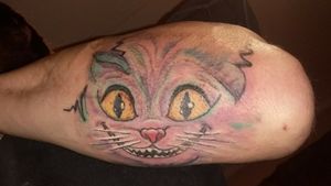 Started this Cheshire cat elbow piece. More to come on the background as this is a sleeve in progress#aliceinwonderland #christchurch #cheshirecattattoo #cheshirecat #alice #sleeveinprogress 