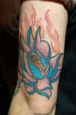Blue flaming lotus.Above elbow. My first colored lotus ever#lotus #flowertattoo #flamingflower #flames #cartoonflower #cartoon #christchurch