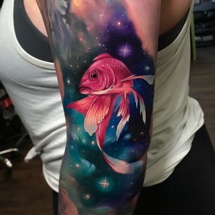 Fish tattoo by Jesse Pinette #JessePinette #fish #bettafish #color #stars #galaxy #realism #colorful
