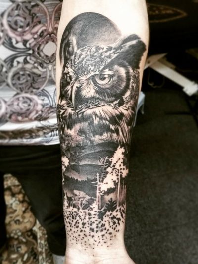 And then "Owl" with moon, mountains and forest for Pavel (February '18) ◼ #тату #сова #trigram #tattoo #owl #inkedsense