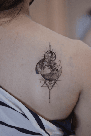 Universe Pluto fineline blackwork tattoo by lesine @le.sinex
