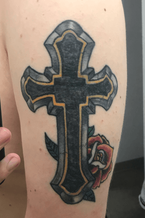 American Traditional Style Revamp of my first tattoo (black & grey cross) Got on August 17th, 2019