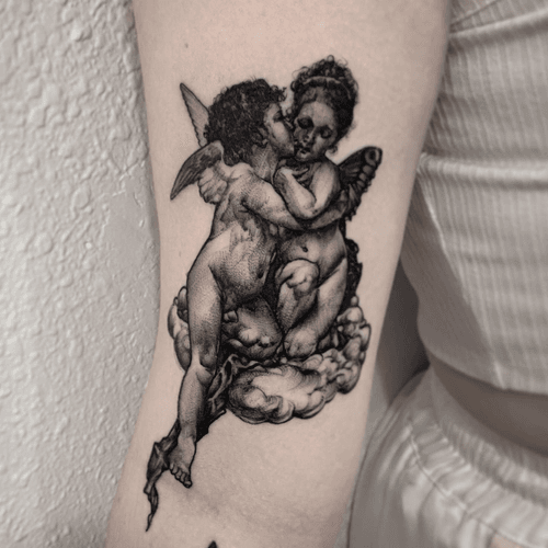 Tattoo by Rick Schenk #RickSchenk #illustrative #blackandgrey #chicano #angel #cherub 