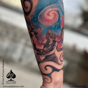 This one for a beautiful soul who realises and explaines his tattoo as “Face of #shiva is to symbolise peace and #parvati as #durga symbolises that man is not the representation of #power ,Power is drived by the women standing with him” #shivshakti . Is this not the most beautiful time on earth to exist 🥰 Ps : this super human was so good with pain he could literally take naps ,took 9hours to complete this #tattoo Done by @archana_acetattooz with @kingstattoosupply and #dynamicinks #lordshiva #parvati #acetattoozindia #durga #colourtattoo #sleevetattoo #shiva #godess #india #mythology 