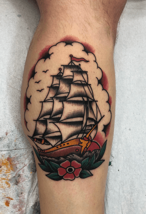 Traditional Clipper Ship done by Oliver Peck #AmericanTraditional #traditional #traditionaltattoo 