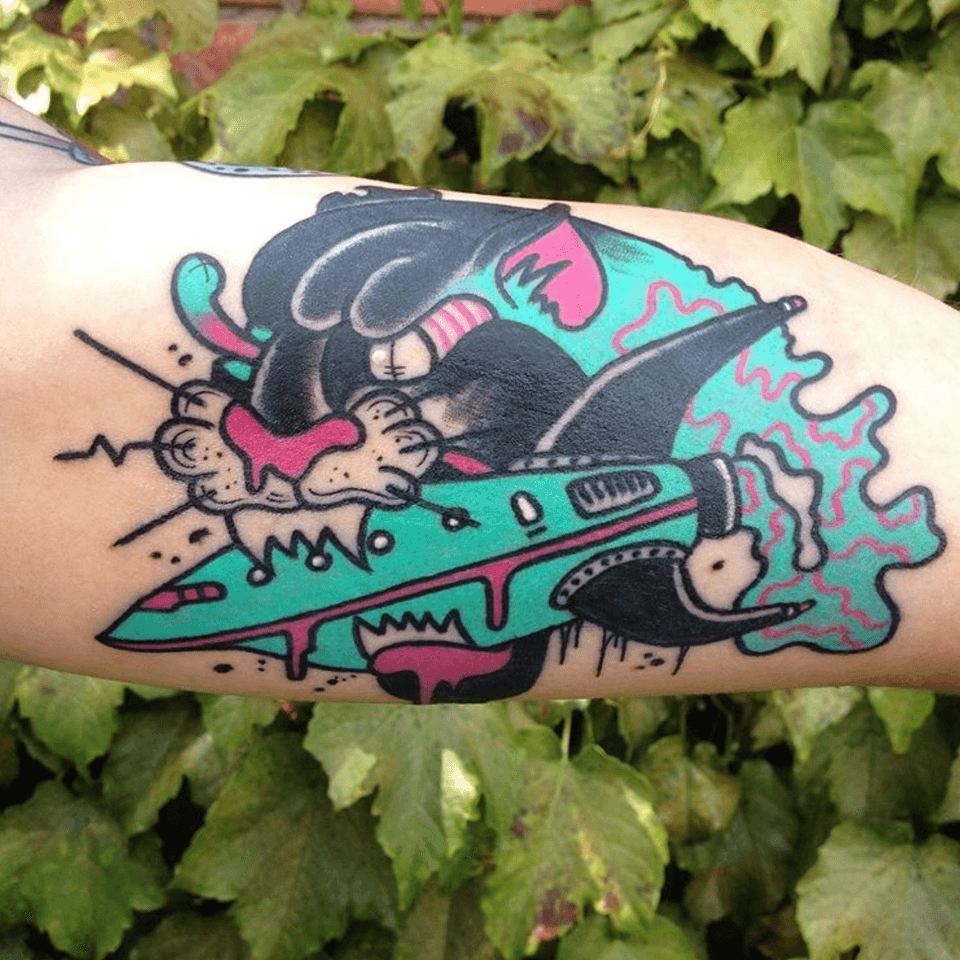 Trippy tattoo of Cosmo Cam #CosmoCam #trippy #surrealistic #wonderful #unique #color #psychedelic #cartoon #newschool #pop culture #panther #spaceship 
