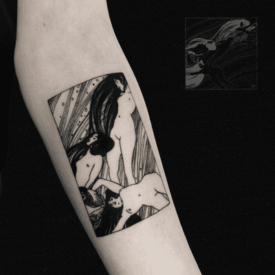 Modified, re-framed and inked Klimt's Fish Blood 🐠 #customtattoo #tattoo #art #tattoodesign #tattooideas #tattooer #tattooist #berlintattooartist #berlintattooers #neukölln #tattooed #inked #change #gustavklimt #klimt #fischblut #fishblood #framed #blackwork #blackworkers #blackouttattoo #blacktattoo #drawing #artworktattoo #klimttattoo #underarmtattoo #details #women #nude #fishtattoo 