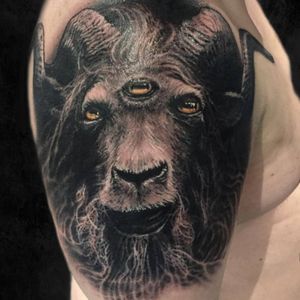 Three eyed goat on arm by Robin the Needle. To book an appointment or consultation please email us at info@fistofneedles.com or call us at 040 1437291 during our business hours. 
