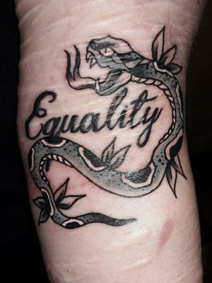 Equality and snake tattoo....#snake #snaketattoo #equality #lettering #biglettering #coloredsnake #scarcoverup #green #blackandgrey #oldschool #fineline #details 