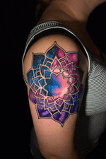 Super fun mandala galaxy tattoo. Dm me for any questions or bookings. #mandala #galaxy #galaxytattoo #mandalatattoo #fusionink #tattooartist #tattoo #ink #colortattoo 