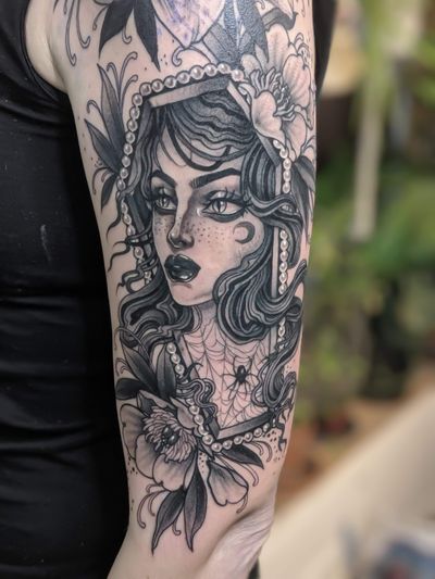 Portrait tattoo by Moth Miranda #MothMiranda #blackandgrey #neotraditional #coffin #lady #ladyhead #portrait #spider #spiderweb #flowers #moon