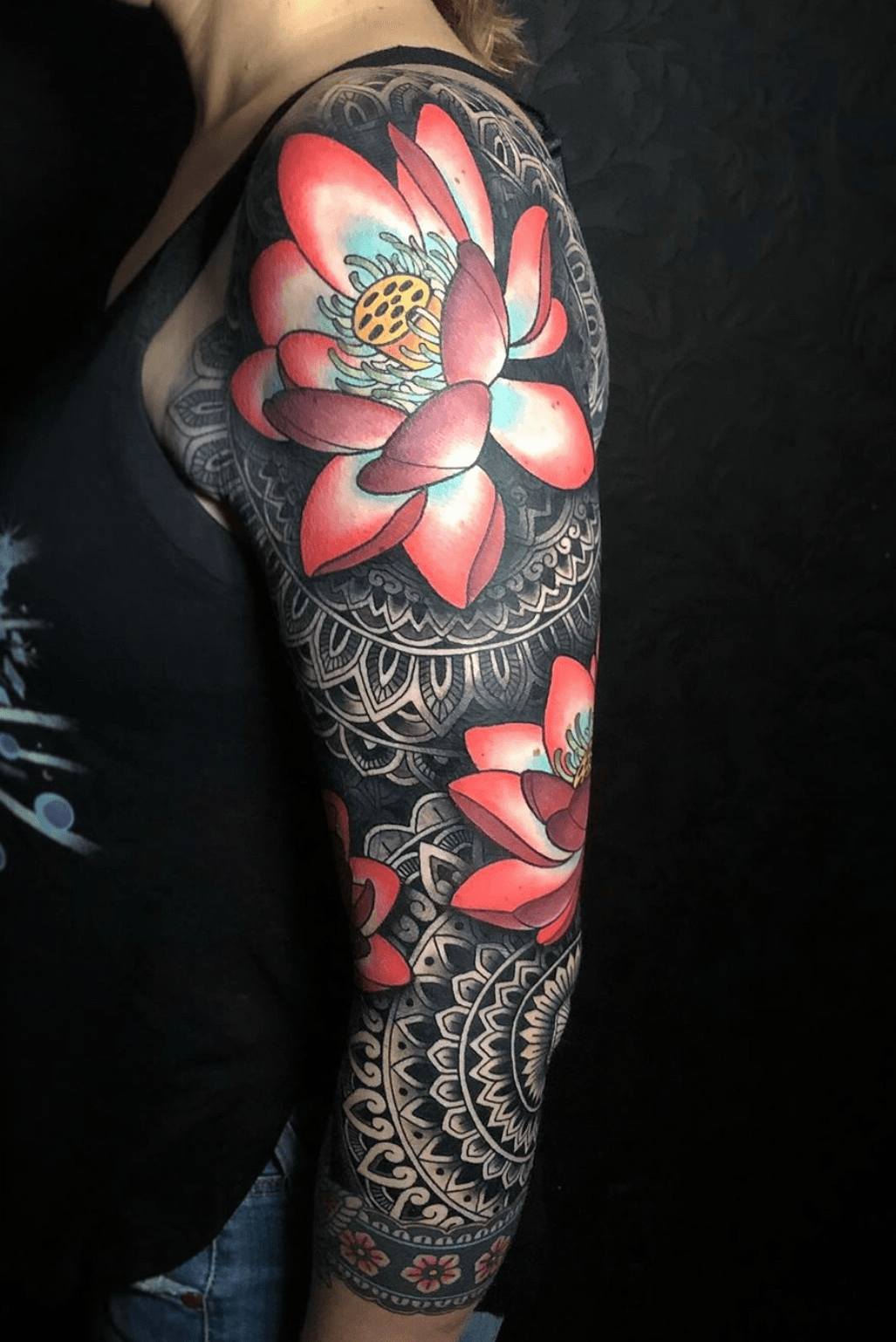 Tattoo uploaded by Daniel Hughes  Geometric sleeve with lotus flowers   Tattoodo