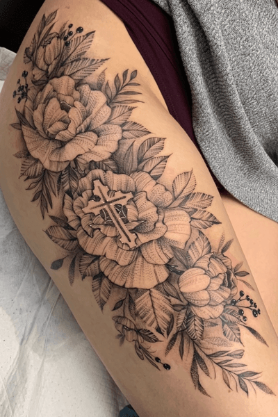 cross and rose tattoo by hungry heart tattoos #hungryhearttattoos #rose #flower #cross #illustrative 