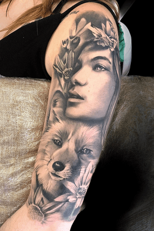 Fox and woman sleeve #realistictattoo #tattoo