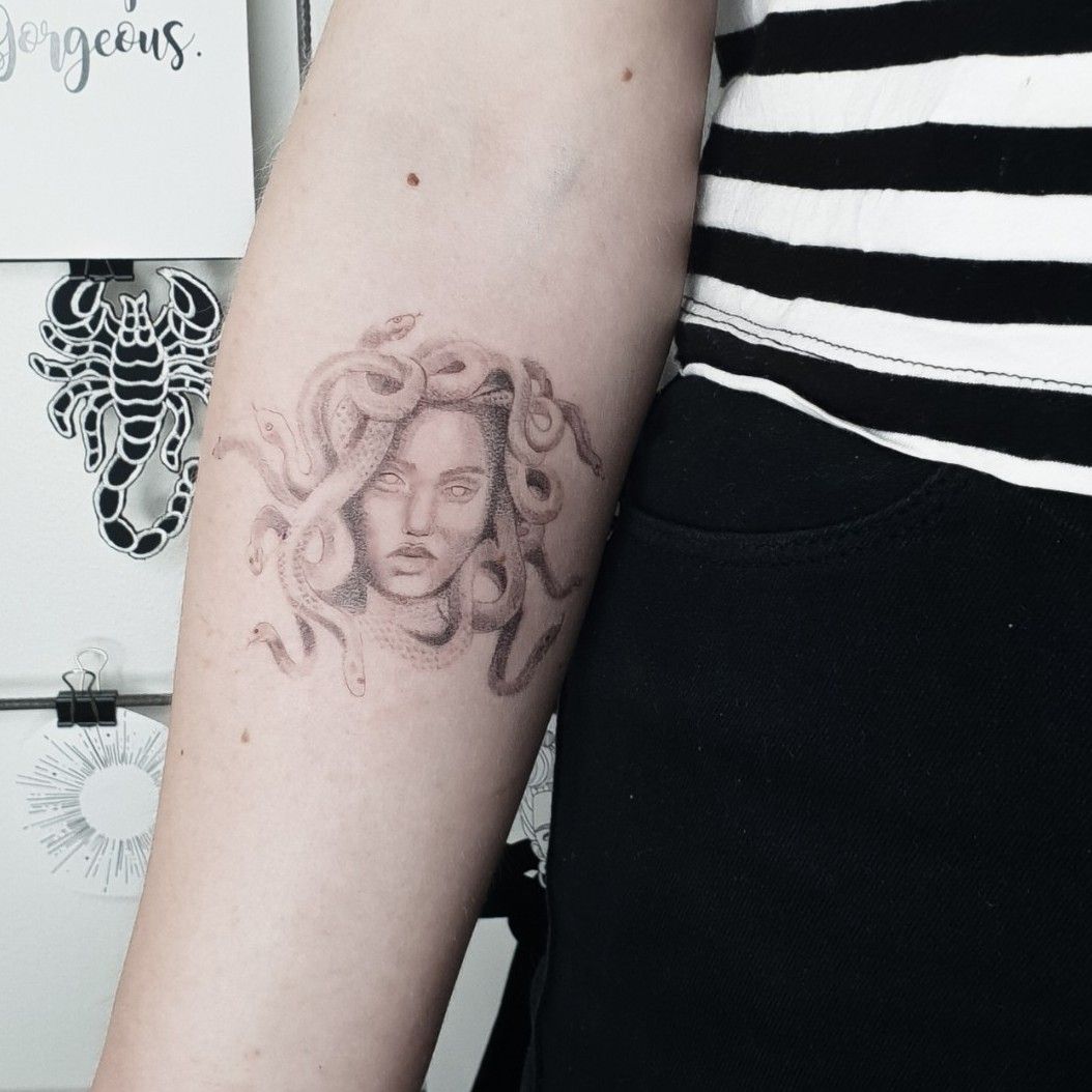 Fine line medusa bust piece   The Tattoo Gallery  Facebook