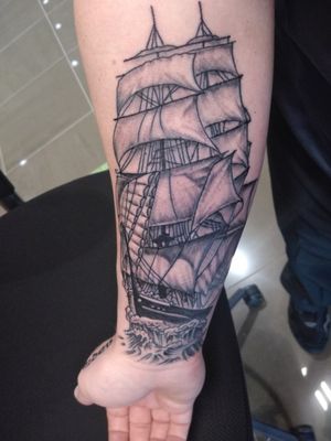 Start to sleeve by Mack Mckight Knightdale Tattoo #Ship #Nautical #Forearm #blackandgreytattoo #Tattoo #tattooart #NC #cooltattoos 