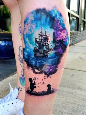 A child sees magic because its looking for it! #magic #shiptattoo #ship #pnw #watercolor #watercolortattoo #watercolortattoos #space #galaxy #pdx #oregoncity #vancouvertattooartist #pdxtattoosrtist