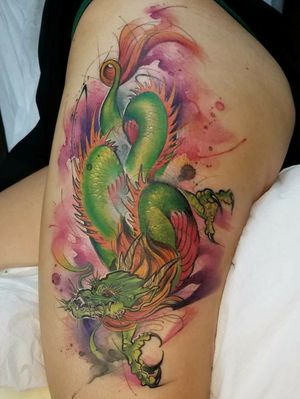 Japanese-inspired watercolor dragon....#dragon #dragontattoo #dragontattoos #japanesedragon #watercolor #watercolortattoo #watercolorattoos #watercolourtattoo #watercolour #watercolourtattoos #thightattoo #thightattoos  
