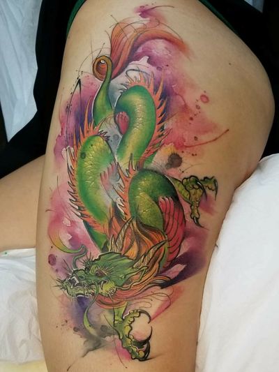 Japanese-inspired watercolor dragon. . . . #dragon #dragontattoo #dragontattoos #japanesedragon #watercolor #watercolortattoo #watercolorattoos #watercolourtattoo #watercolour #watercolourtattoos #thightattoo #thightattoos 