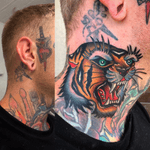 Tiger style cover up #tiger #tigertattoo #tigerhead #coverup #coveruptattoo #CoverUpTattoos #necktattoo #neck #traditional #traditionaltattoo #traditionaltattoos #TraditionalArtist ##color #blastover 