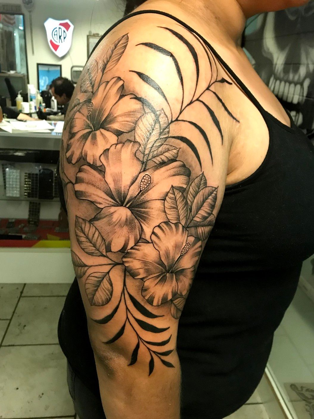 Flower tattoo tropical flowers half sleeve forearm sleeve  Flower tattoo  Flower sleeve Flower tattoo sleeve