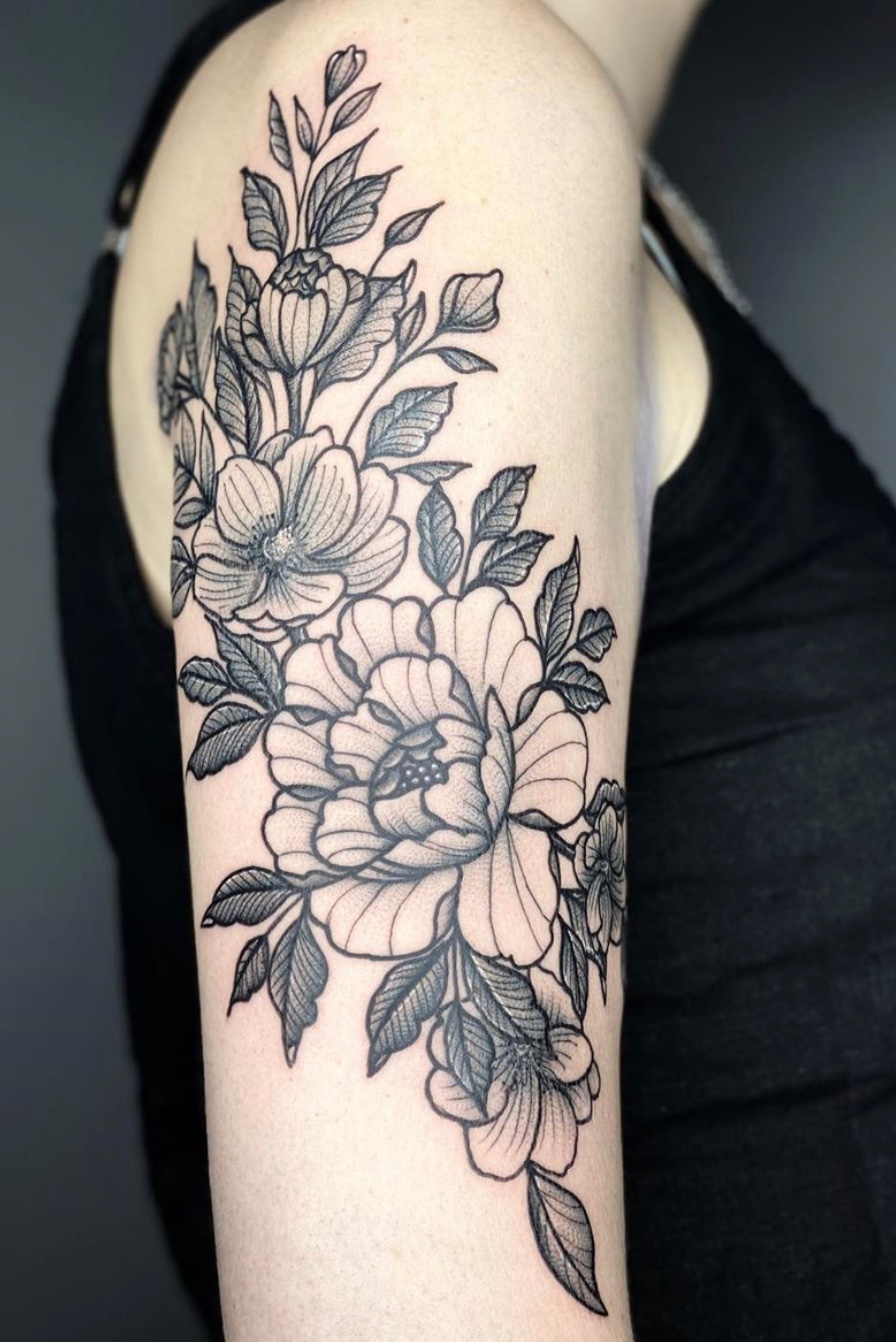 Left Bicep Flower Tattoo For Girls