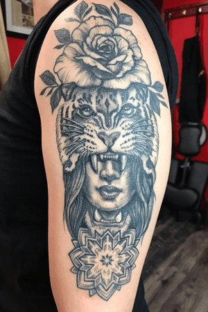 Girl with tiger and roses. Healed