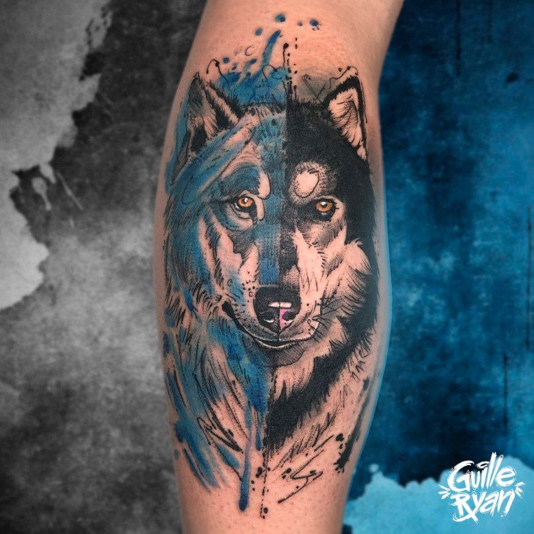 Tattoo uploaded by Guille Ryan • Lobo & Hasky Para tattoos Personalizados o  ilustraciones por encargo escríbeme a guilleryanarttattoo@ . . . .  #dog #hasky #wolf #wolftattoo #sketchstyle #flashtattoos #handmadeart  #watercolortattoo #geektattoos #
