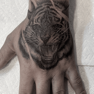 Tigre Tatuaje ilustrativo de Jesús Antonio #JesusAntonio #illustrative #fineline #chicano #black grey #tigre #cat #hand #animals #naturaleza