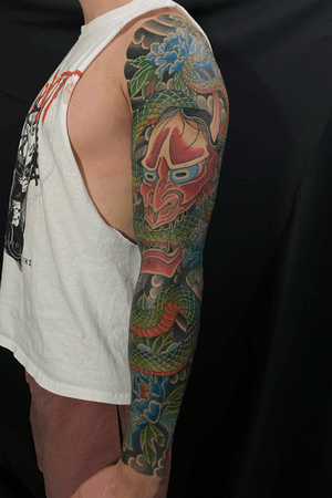 Hannya and snake sleeve on a great client. I’m always extremely honored someone would pick me for such a large tattoo and especially their first tattoo. 