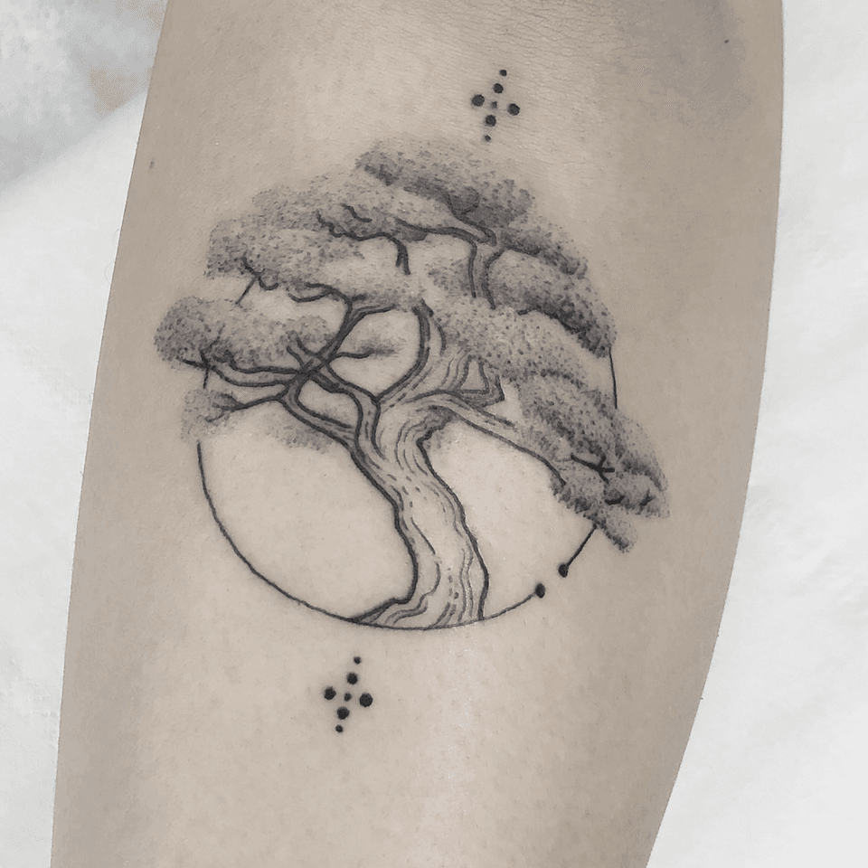 Tatuaje de madera de Mehmet Veli #mehmetveli #blackandgrey #dots #tree #treeoflife #bonsai #minimal #naturaleza