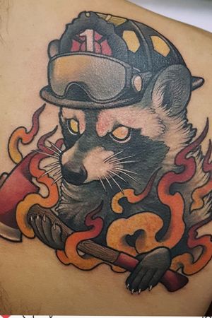 Firefighter Racoon neotraditional #firefighter #neotraditionaltattoos #neotraditional #Racoon #axe 
