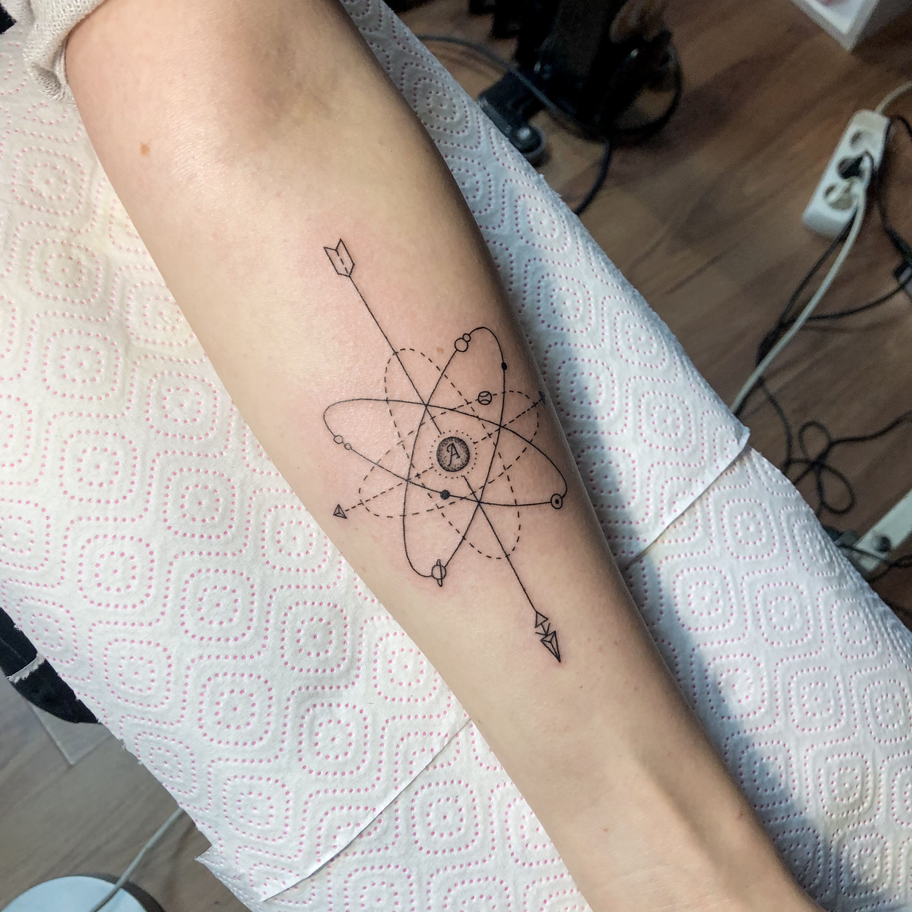 An atom tattoo I did. #tattoo #atom #science #sciencetattoo  #geometrictattoo #jerseycity @bodyartsouljc | Tattoos for women flowers, Atom  tattoo, Tattoos for women