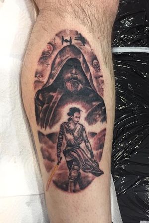 Star Wars. My most recent piece, just before the lockdown. Jedi Master Luke Skywalker and Padawan Rey. Tattooed by the awesome Stephen Berry of Crimson Rose Tattoos and Piercings,  Leverhulme Manchester UK 