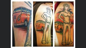 A collaboration piece (pin-up design) by artist Andy Fields and tattooed by Paul Humpries from Dr Feelgoods Liverpool UK and (Campervan/background) Mikes Tattoos Crosby Liverpool UK 