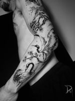 Asian theme crane with Pine tree tattoo by Montreal tattoo artist Dylan C
