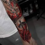 Bloody Red <3 Half sleeve in progress for Adam #snaketattoo #snake #neotraditional #arrow #halfsleeve #wandal #tattoosformen #epicink 