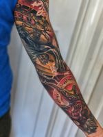 Another healed shot of sleeve that I completed before lockdown started in UK Thanks Paul for sharing! #aladdin #aladdinlamp #roulette #coloursleeve #sleeve #sleevetattoo #wandal #healedtattoo 