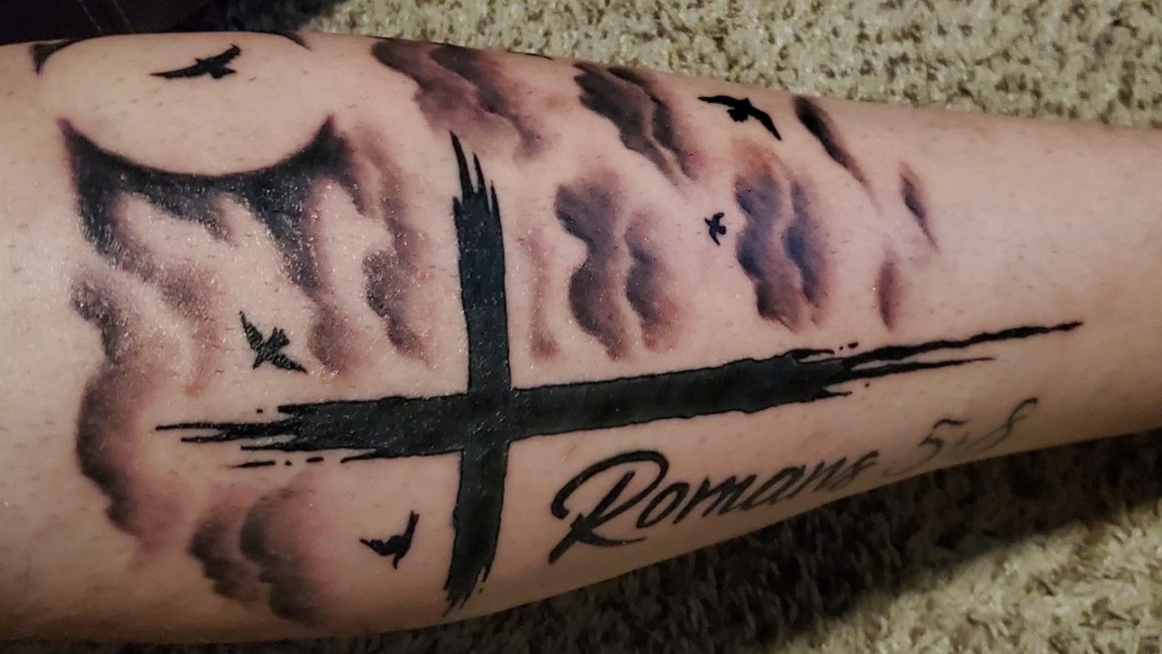 Rosary Cross And Rose Tattoo On Inner Bicep