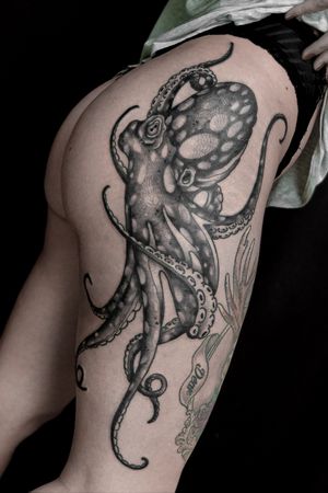 neotraditional octopus leg tattoo by satanischepferde (Marco Gruschwitz) Erfurt #germany #blackwork #neotraditional #animaltattoo #legtattoo #blackandwhite #blackandgrey #neotraditionaltattoo #erfurt #animal #octopus #kraken #maritime 