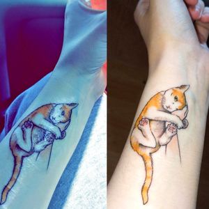 Tribute tattoo for my late Peanut. She was my very best friend for 13 years. RIP, sweet girl 🧡#cattattoo #cat #cattoo #tribute #RIP #kittenTattoo was done by the artist Roary at Kawbi Tattoo located in Salem, Oregon. They recently changed the name to Roots Deep Tattoo but it is still Kawbi on Facebook and Google! 🤗