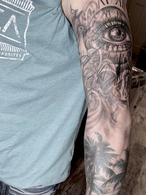 Ship. Eye. Palm tree. Sleeve. Paige Jean Tattoos. 
Salt Lake City, Utah. • Contact me on my Instagram @paigejeantattoos or text me at 805-835-2230