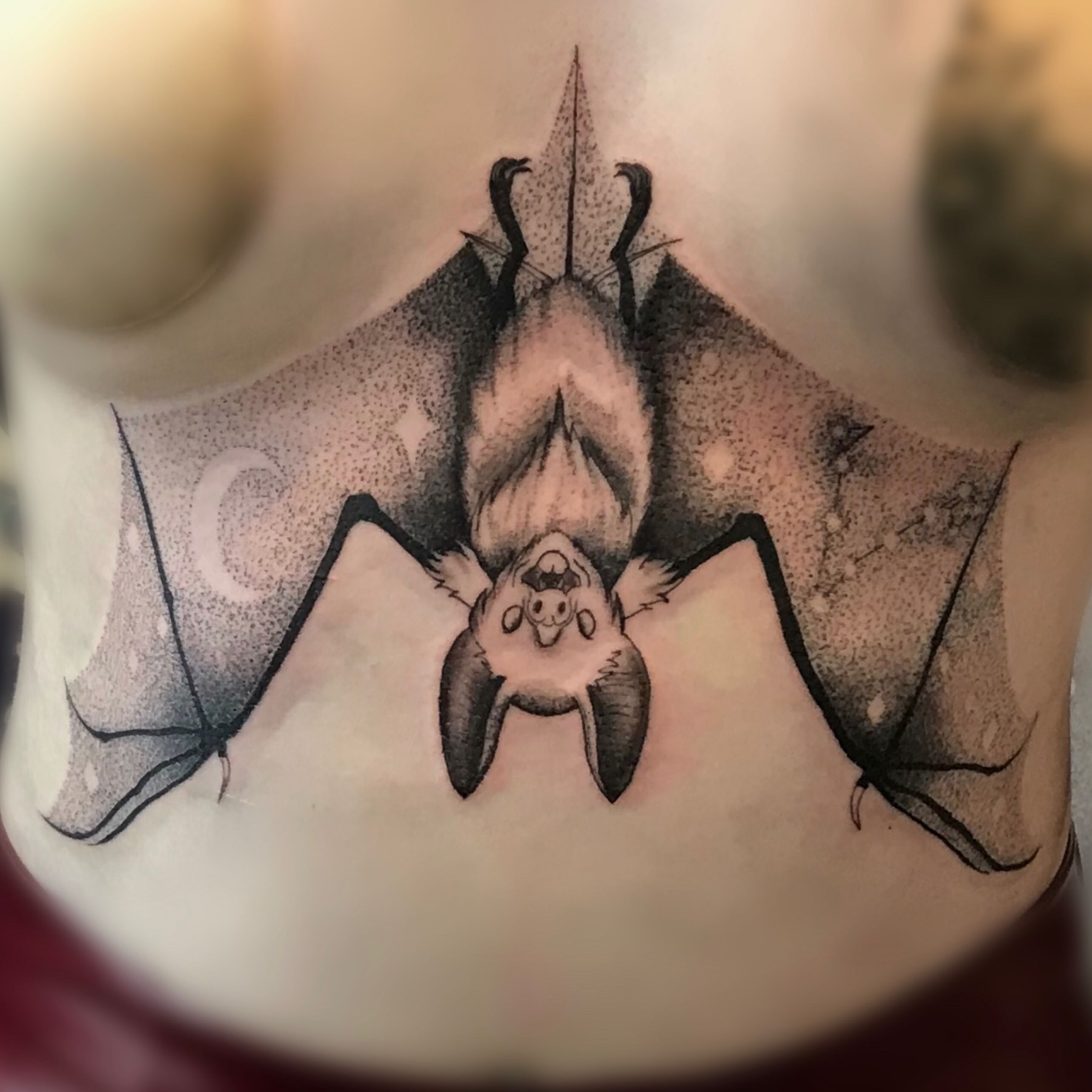 Tattoo uploaded by Rebecka • Dotwork bat sternum piece • Tattoodo