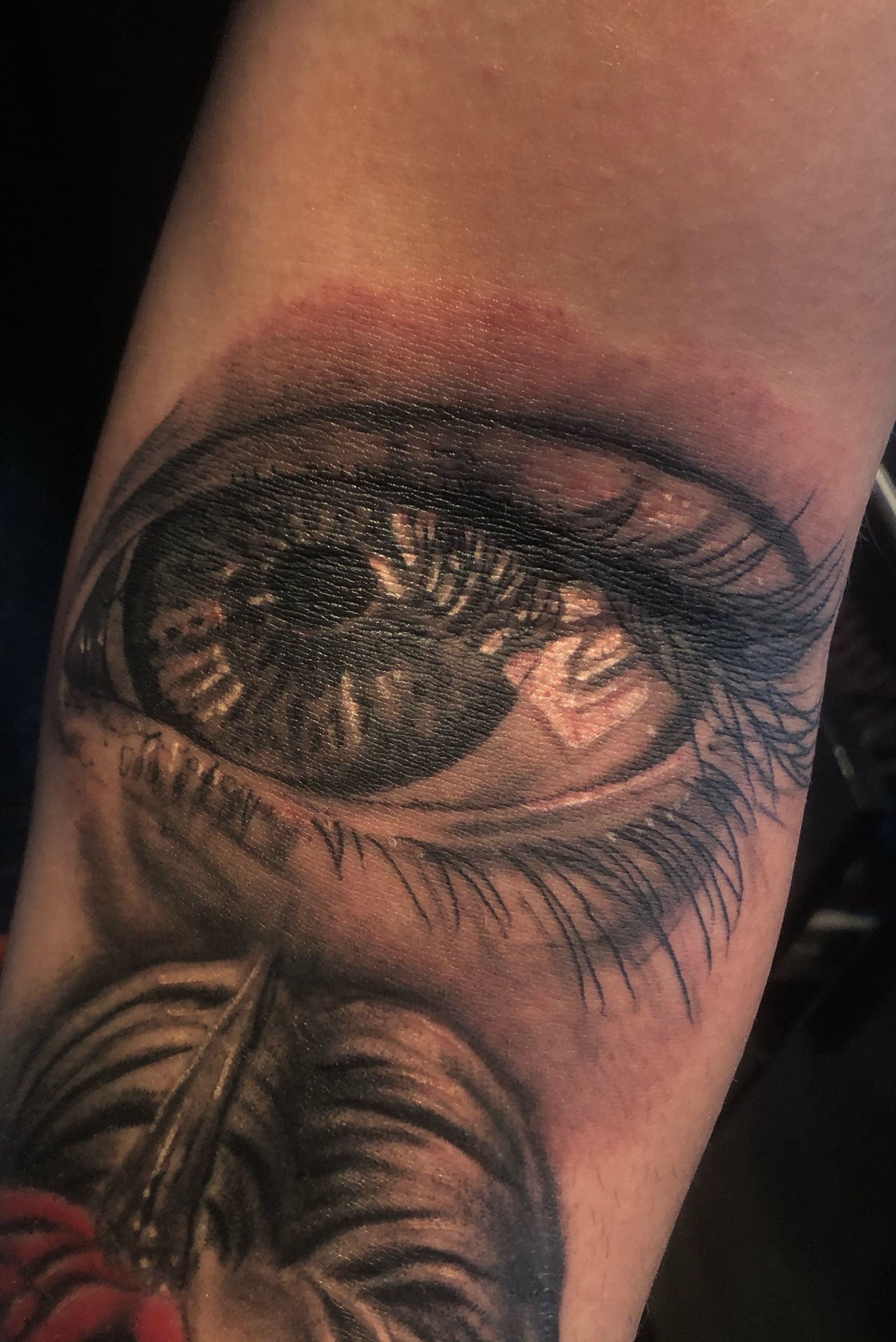 HON Tattoo Studio  Your eyes are a reflection of your spirit  All seeing  eye with filigree in the elbow ditch done by yphontattoo  Tag a friend  whod love this